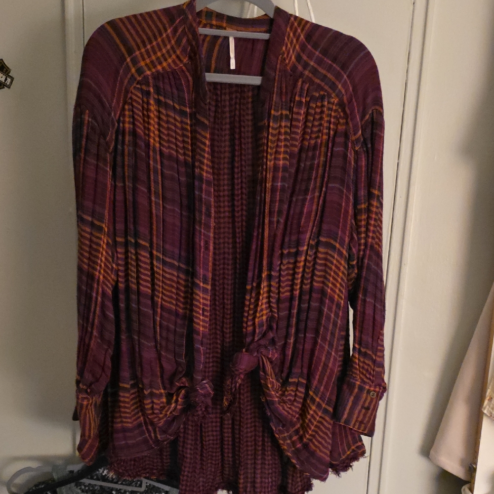 Plaid Burgundy and Orange Button-Up Shirt